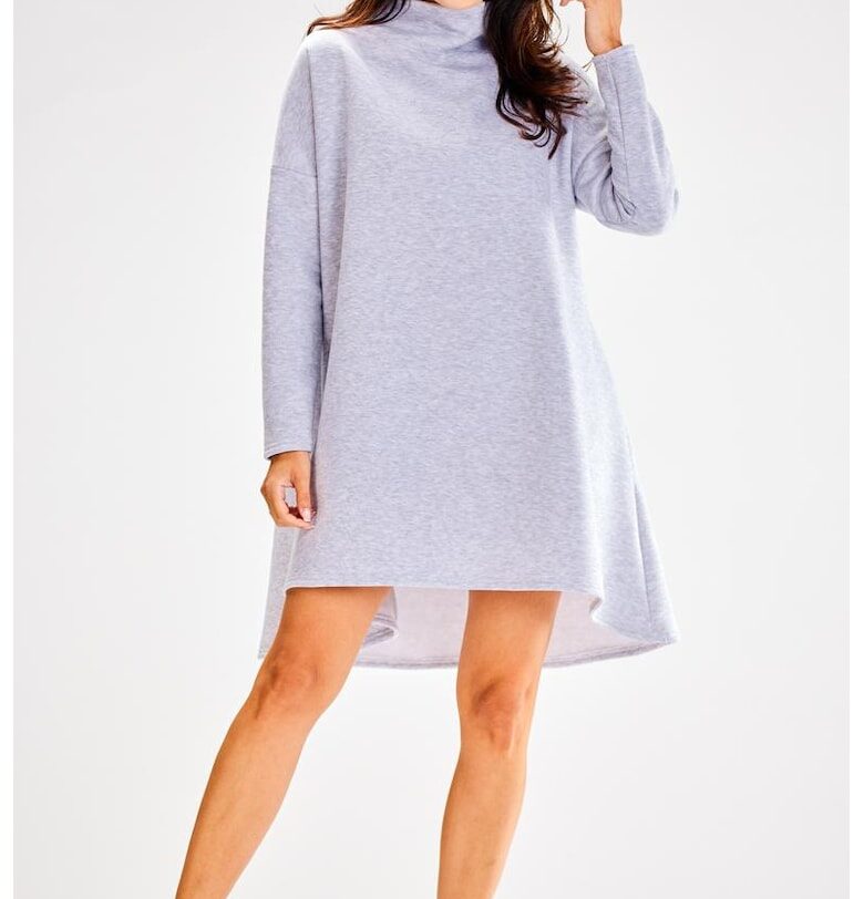 Къса рокля с дълъг ръкав - с кръгло деколте - асиметрична A609 awama