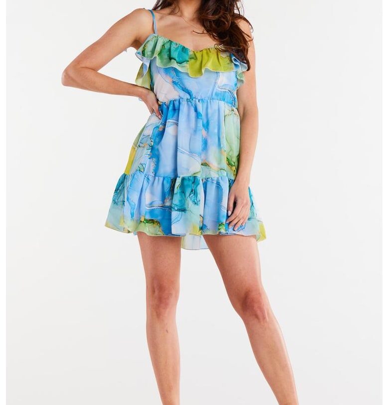 Къса рокля с флорални мотиви без ръкави - ежедневна - с V-образно деколте A503 awama