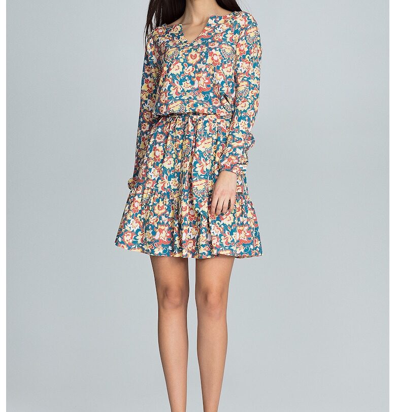 Къса рокля  с флорални мотиви - многоцветна - с дълги ръкави - полиестер и еластан Figl