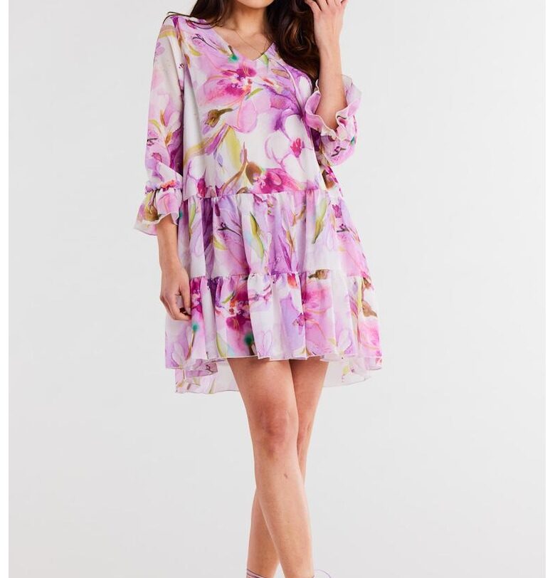 Къса флорална рокля с три четвърти ръкави A507 awama