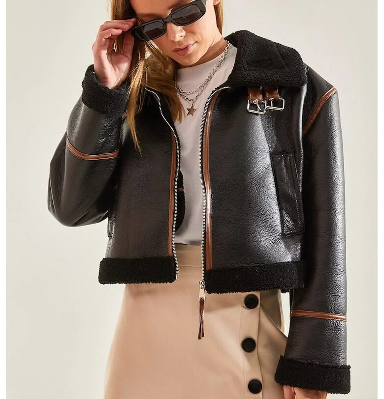 Късо дамско яке -  екологична кожа - черно HiCCUP