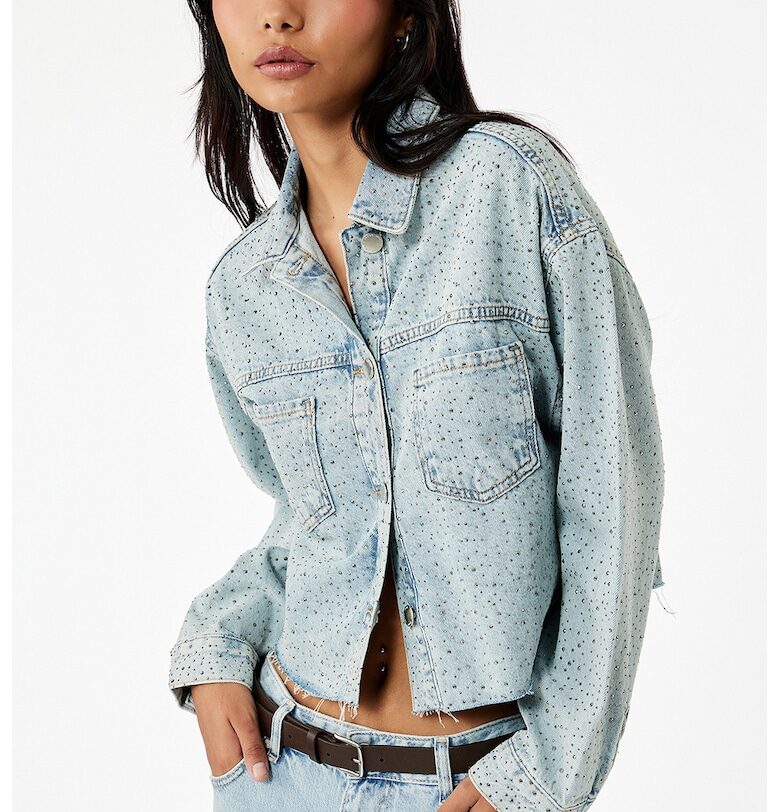 Късо дънково яке с декоративни камъни - Светлосин меланж KOTON