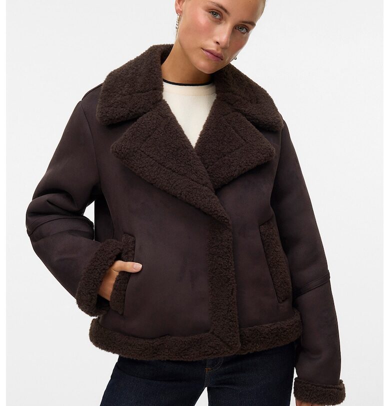 Късо зимно яке от еко кожа - Тъмнокафяв Vero Moda