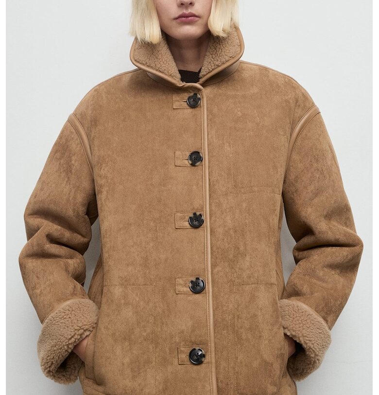 Късо палто от еко вълна - Карамел Mango