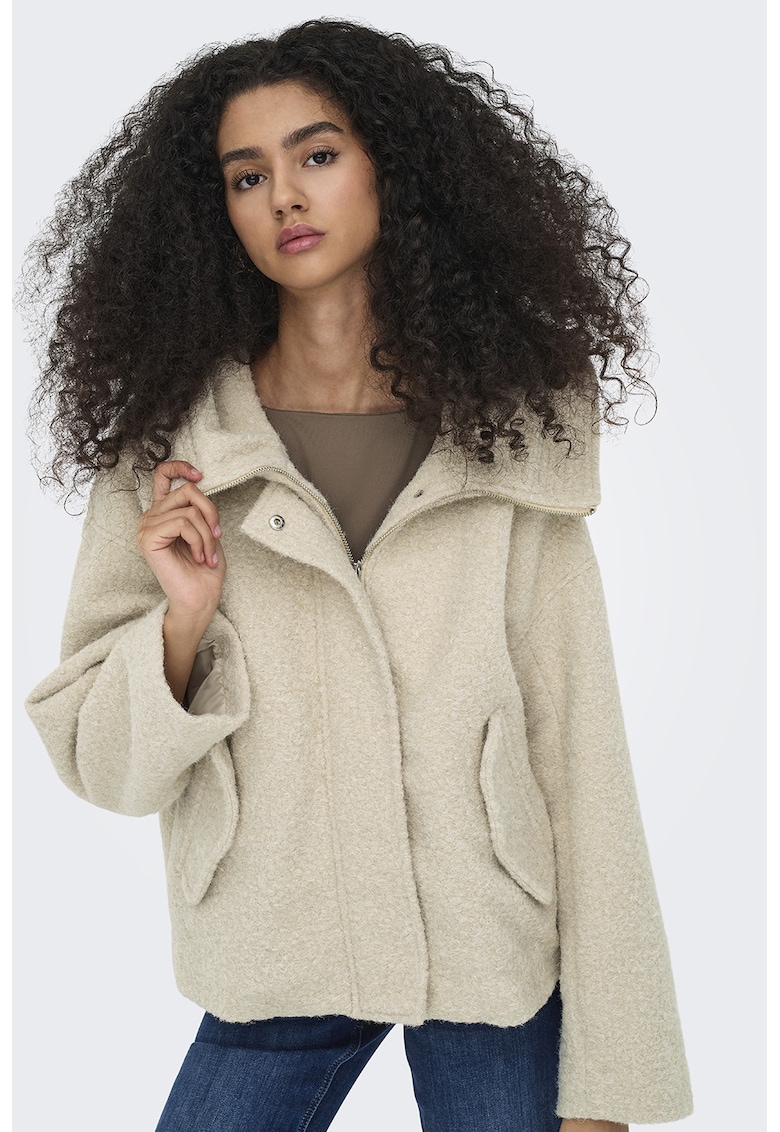 Късо палто от еко пух с висока яка - Тъмнобежово JdY