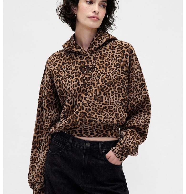 Късо худи с лого и животинска шарка - Тъмнокафяв/Светло бежово GAP