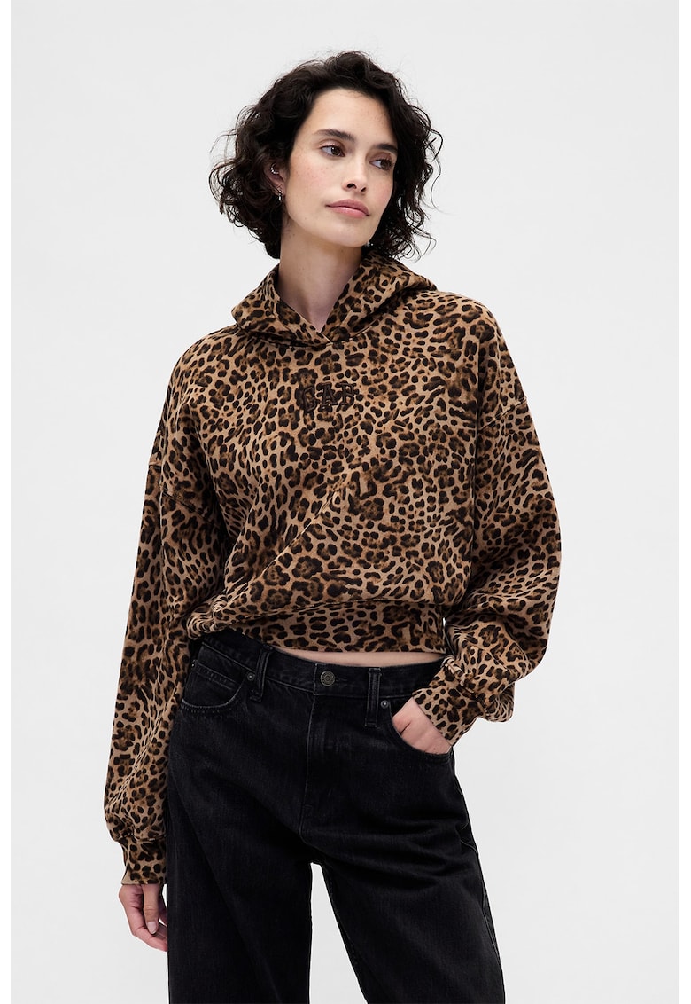 Късо худи с лого и животинска шарка - Тъмнокафяв/Светло бежово GAP