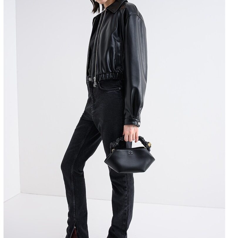 Късо яке от еко кожа с паднали ръкави - Черен HUGO