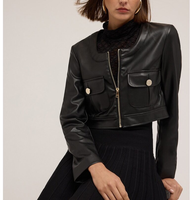 Късо яке с от еко кожа - Черен Motivi