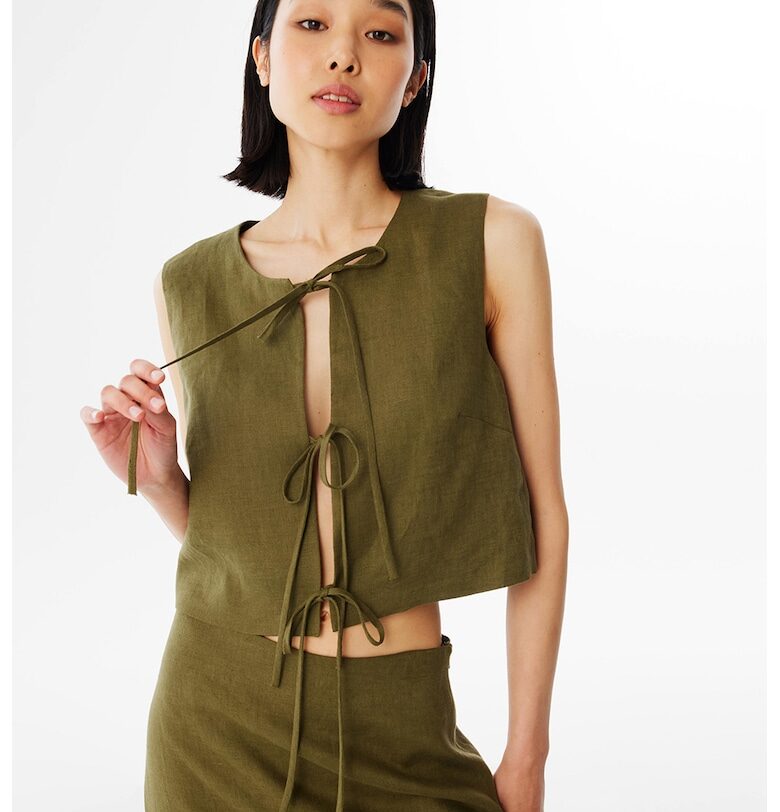 Ленен елек с връзки - Тъмно каки TWIST