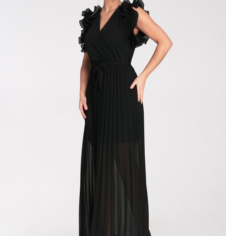 Макси вечерна рокля -  черна - с волани - полиестер - SM Figl