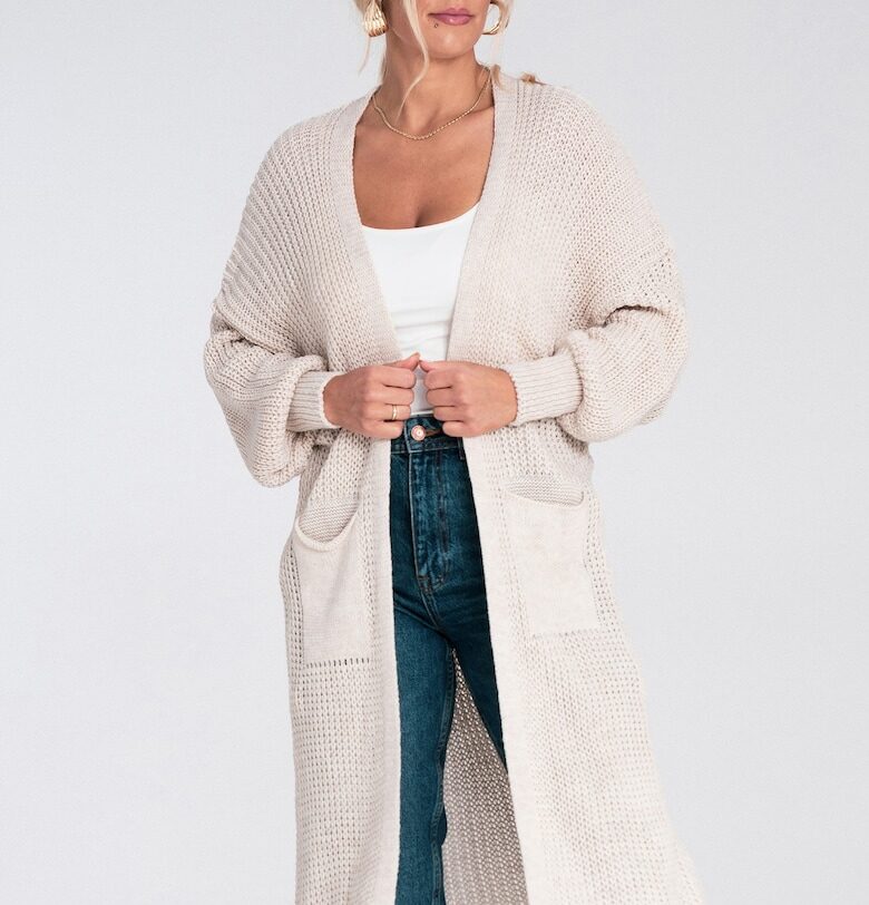 Макси жилетка  бежова - плетена - свободен крой - с джобове - акрил Figl