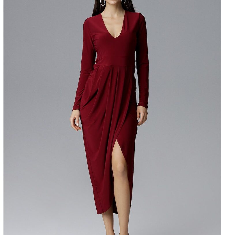 Макси рокля  M636 - V-образно деколте - червена - полиестер - Figl