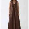 Макси рокля -  U-образно деколте - кафява - текстил HiCCUP