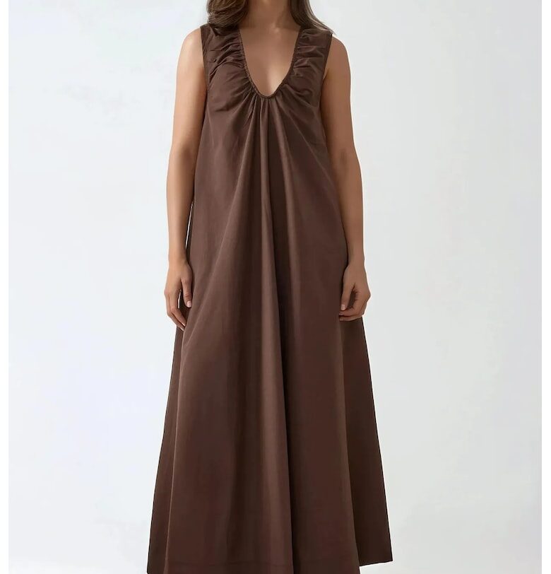 Макси рокля -  U-образно деколте - кафява - текстил HiCCUP