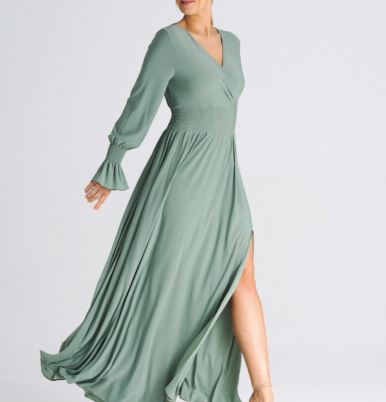 Макси рокля  V-образно деколте - еластична талия - зелена - полиестер 95% - еластан 5 Figl