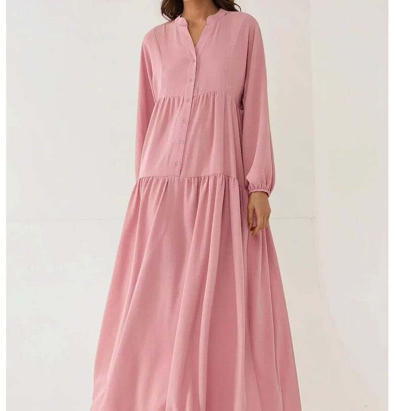 Макси рокля  V-образно деколте - копчета - розова - текстил HiCCUP