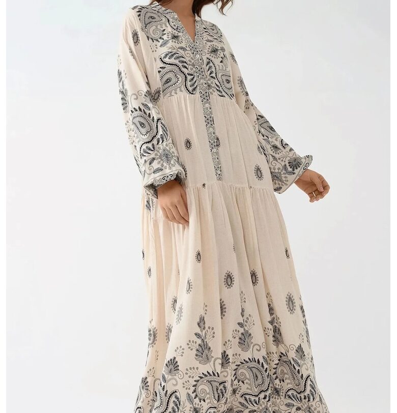 Макси рокля -  V-образно деколте - копчета - сива - текстил HiCCUP