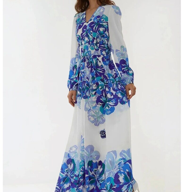 Макси рокля -  V-образно деколте - синя - текстил HiCCUP