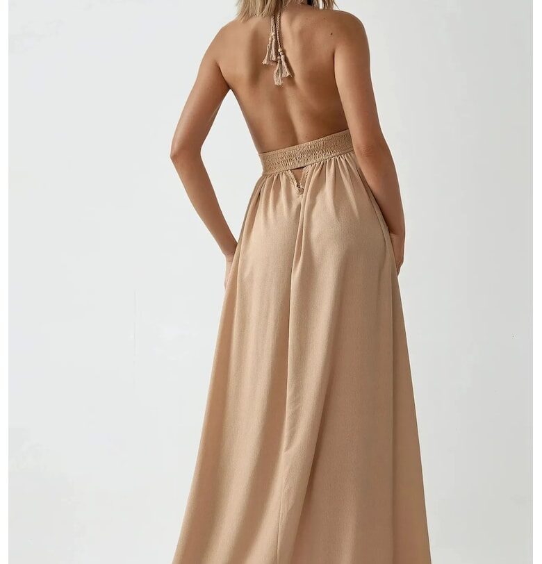 Макси рокля -  V-образно деколте - текстил - бежово HiCCUP