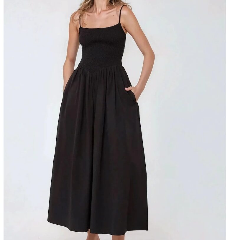 Макси рокля -  А-силует - квадратна яка - черна - текстил HiCCUP