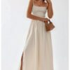 Макси рокля -  А-силует - квадратно деколте - бежово - текстил HiCCUP