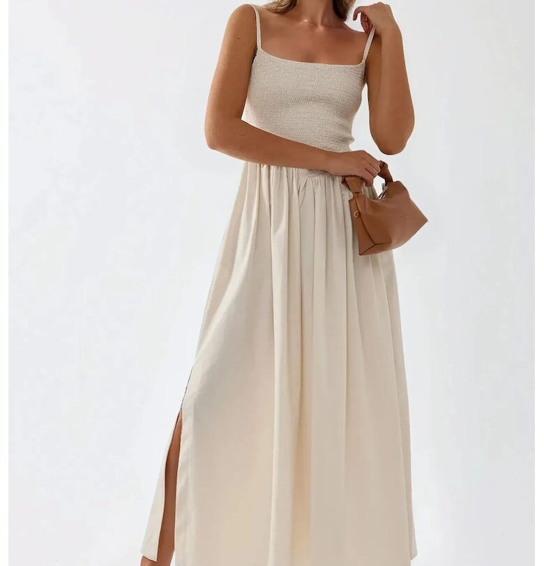 Макси рокля -  А-силует - квадратно деколте - бежово - текстил HiCCUP