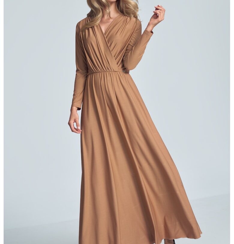 Макси рокля  бежова - дълги ръкави - деколте тип плик - полиестер Figl