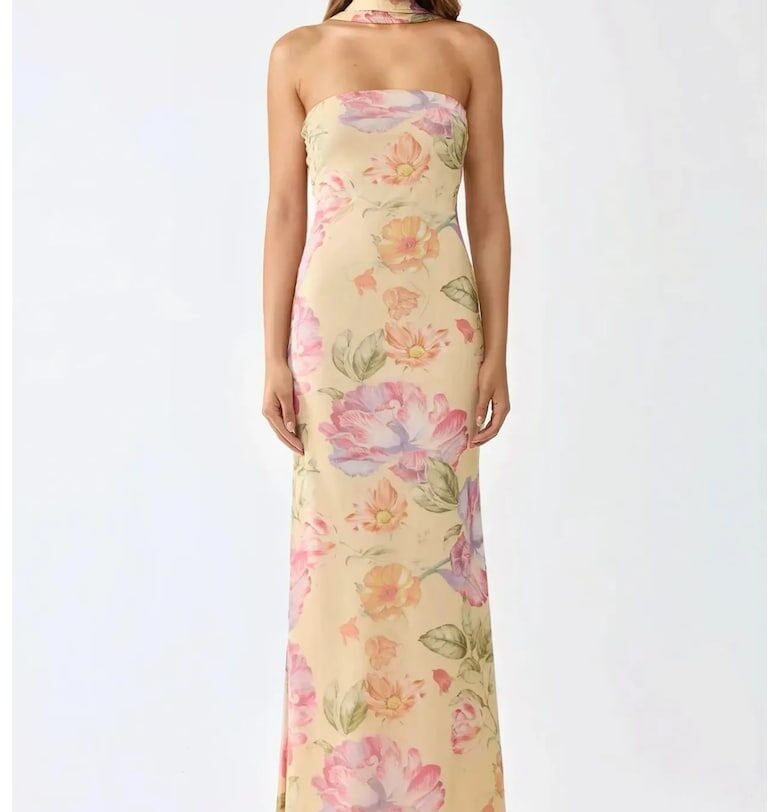 Макси рокля -  без презрамки - флорален принт - многоцветна - тюл HiCCUP