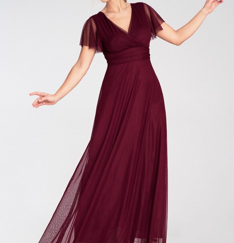 Макси рокля  бордо - къс ръкав - дълбоко деколте - еластична материя - SM Figl