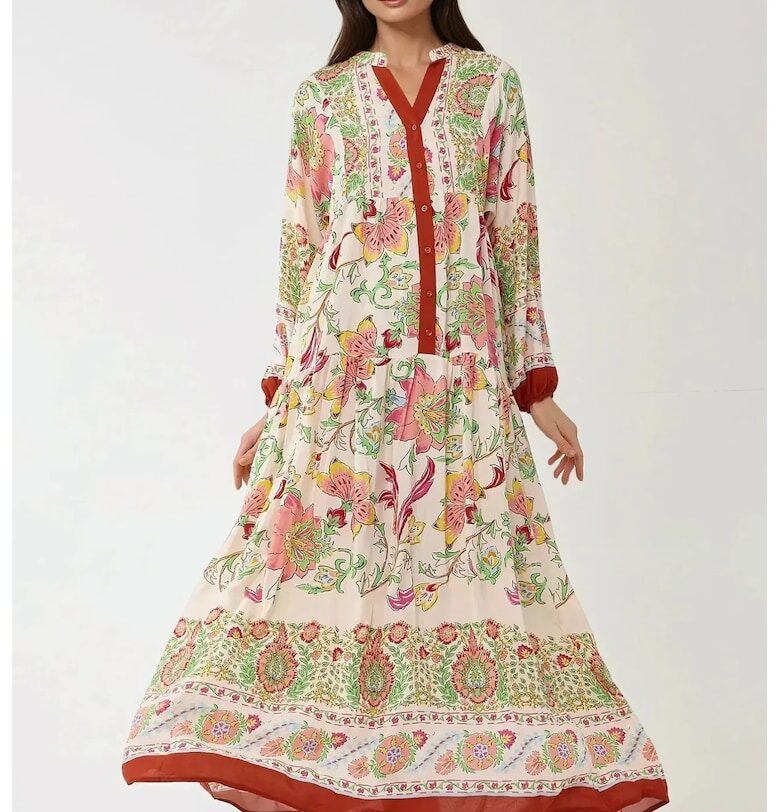 Макси рокля  вискоза - щампа - многоцветна - дълъг ръкав - HiCCUP