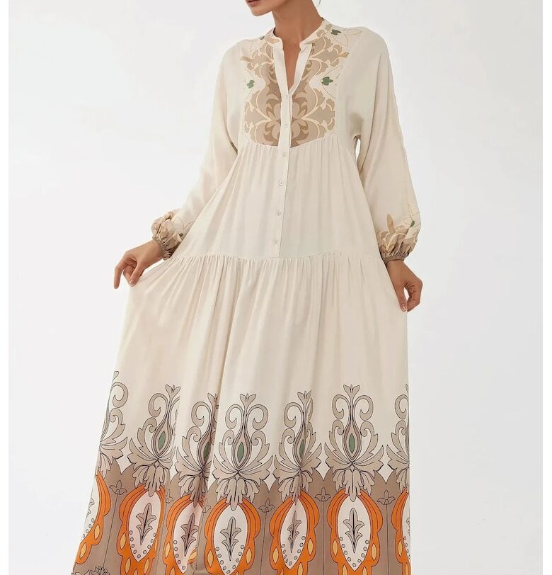 Макси рокля -  дълъг ръкав - бежова - текстил HiCCUP