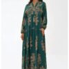 Макси рокля -  дълъг ръкав - зелена - вискоза HiCCUP