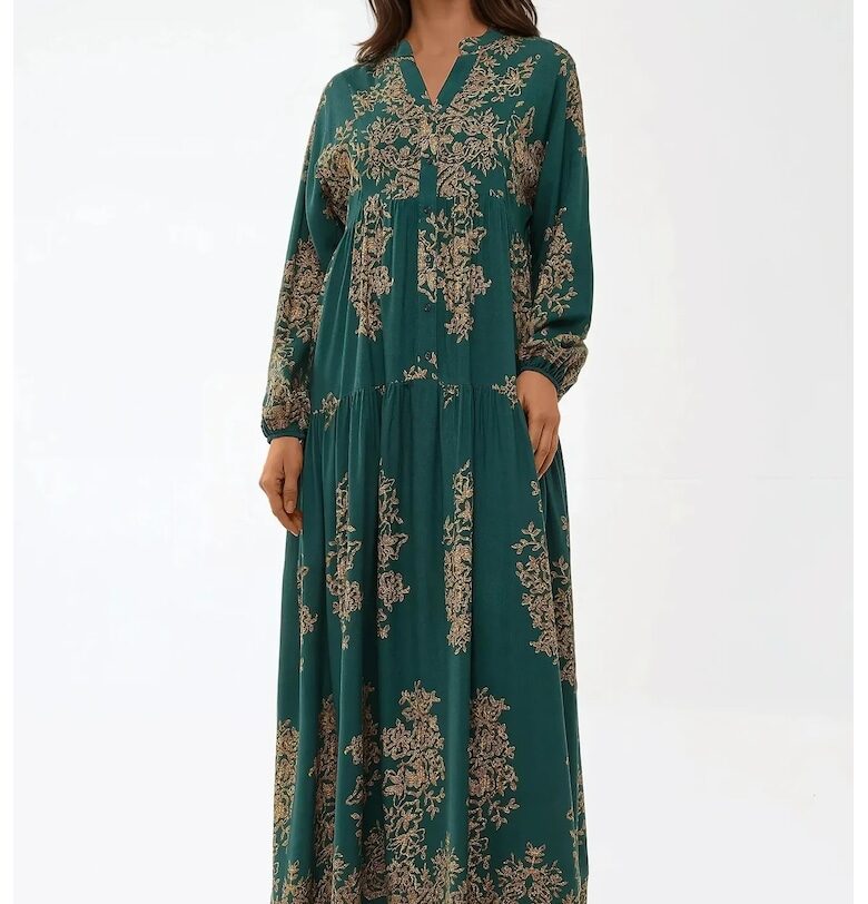 Макси рокля -  дълъг ръкав - зелена - вискоза HiCCUP