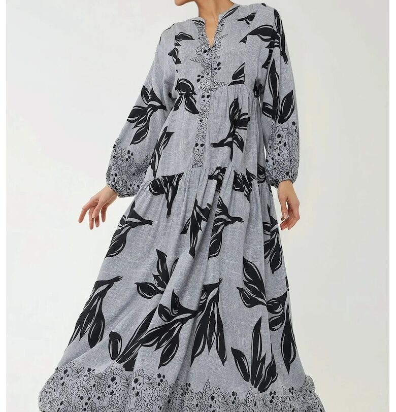 Макси рокля -  дълъг ръкав - синя - вискоза HiCCUP