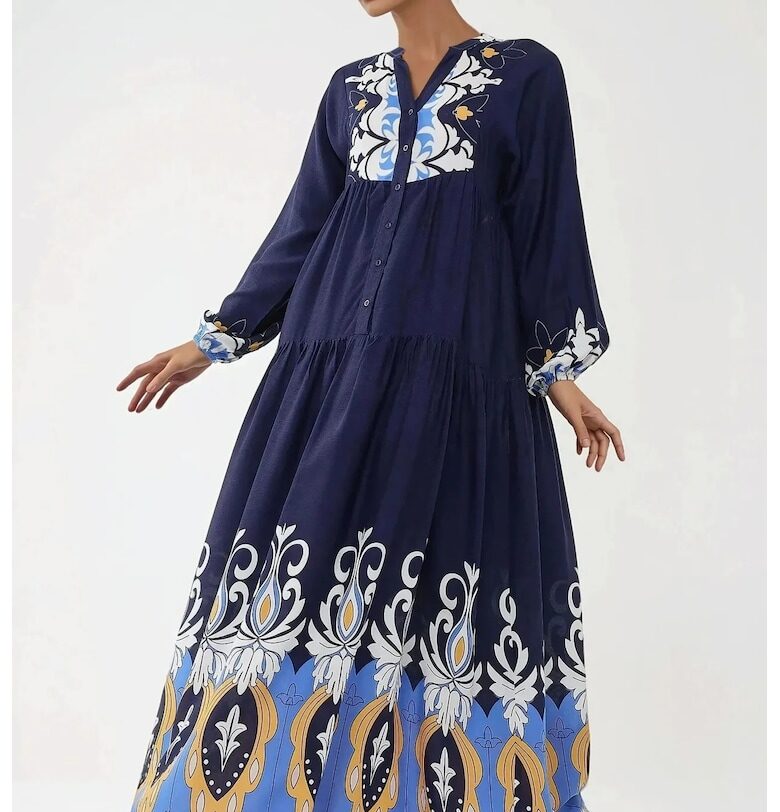 Макси рокля  дълъг ръкав - тъмносиньо - вискоза HiCCUP