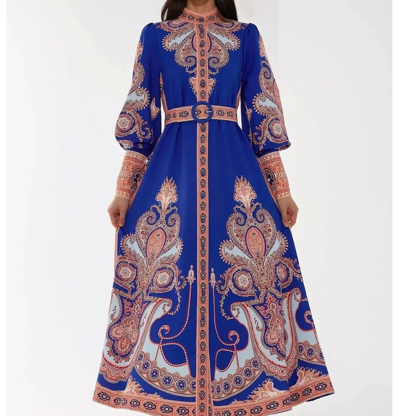 Макси рокля  дълъг ръкав - флорален принт - синьо - тънка материя HiCCUP