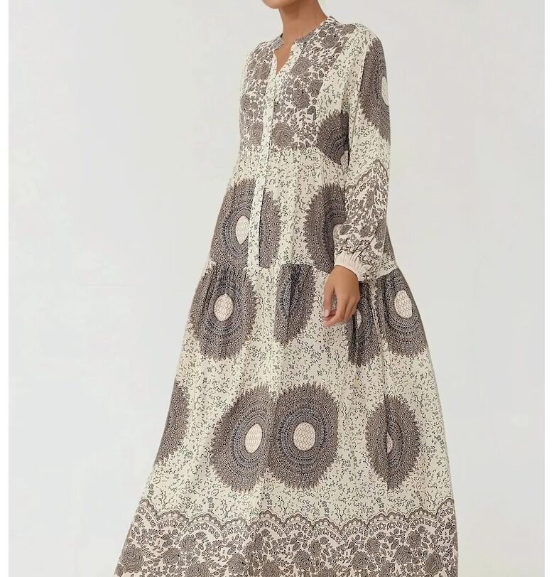 Макси рокля -  дълъг ръкав - щампа - бежово - вискоза HiCCUP