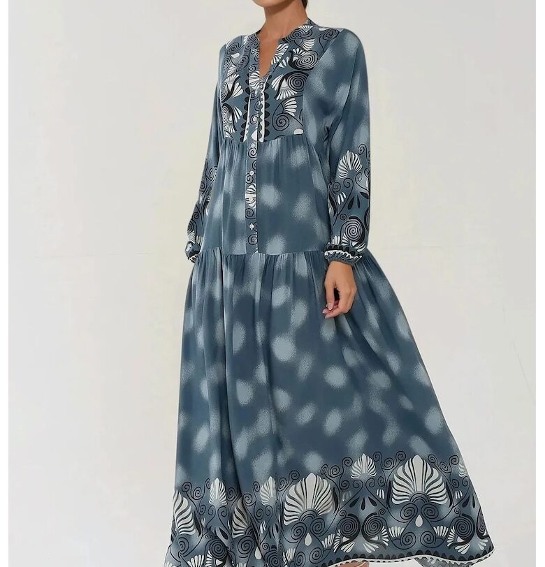 Макси рокля -  дълъг ръкав - щампа - вискоза HiCCUP