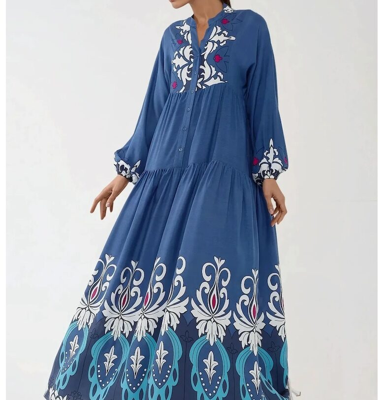 Макси рокля  дълъг ръкав - щампа - синьо/бяло - вискоза HiCCUP