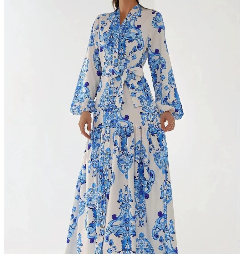 Макси рокля  дълъг ръкав - щампа - синя - памук - полиестер - ликра HiCCUP