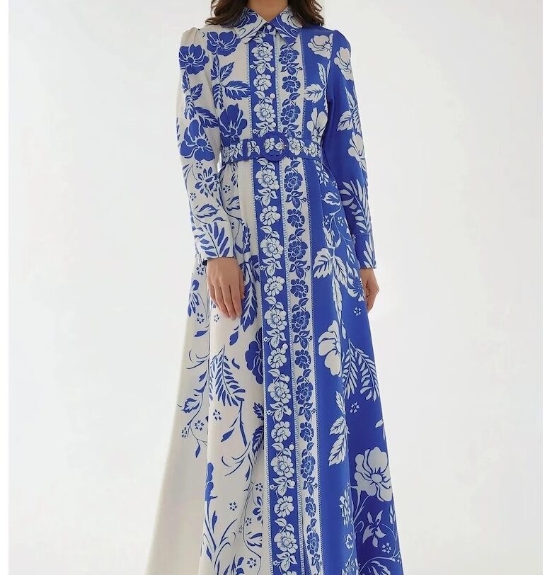 Макси рокля  дълъг ръкав - щампа - синя - текстил HiCCUP