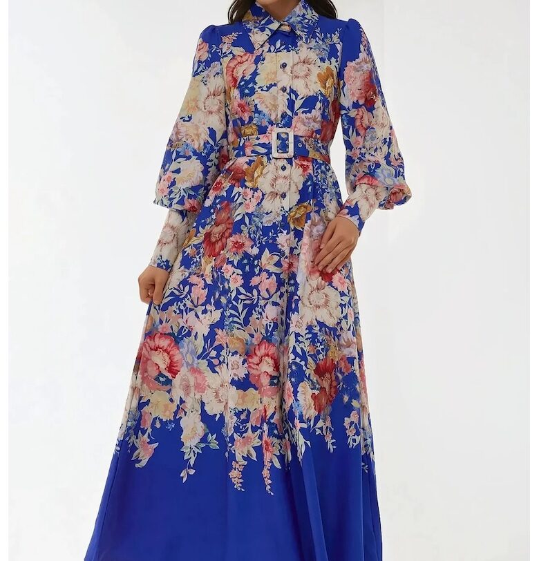 Макси рокля  дълъг ръкав - щампа - синя - текстилен материал HiCCUP