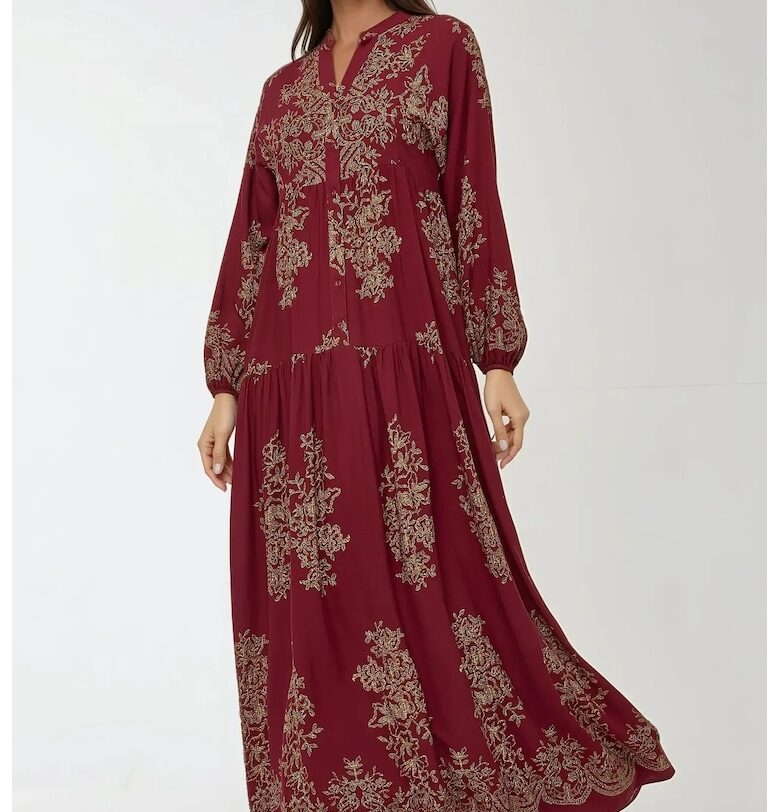 Макси рокля -  дълъг ръкав - щампа - червена - вискоза HiCCUP