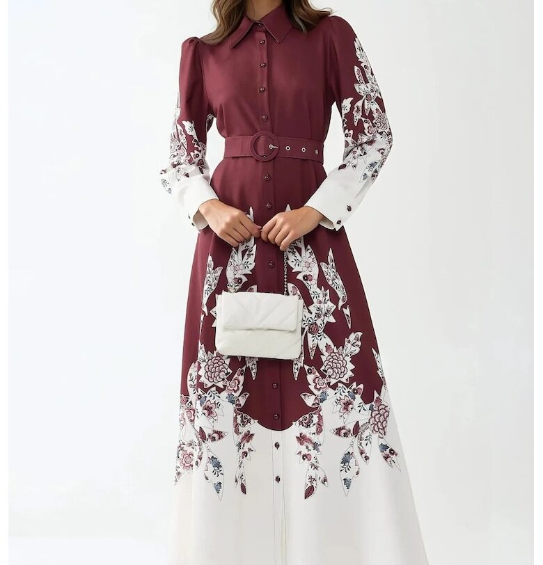 Макси рокля  дълъг ръкав - щампа - червена - текстил HiCCUP