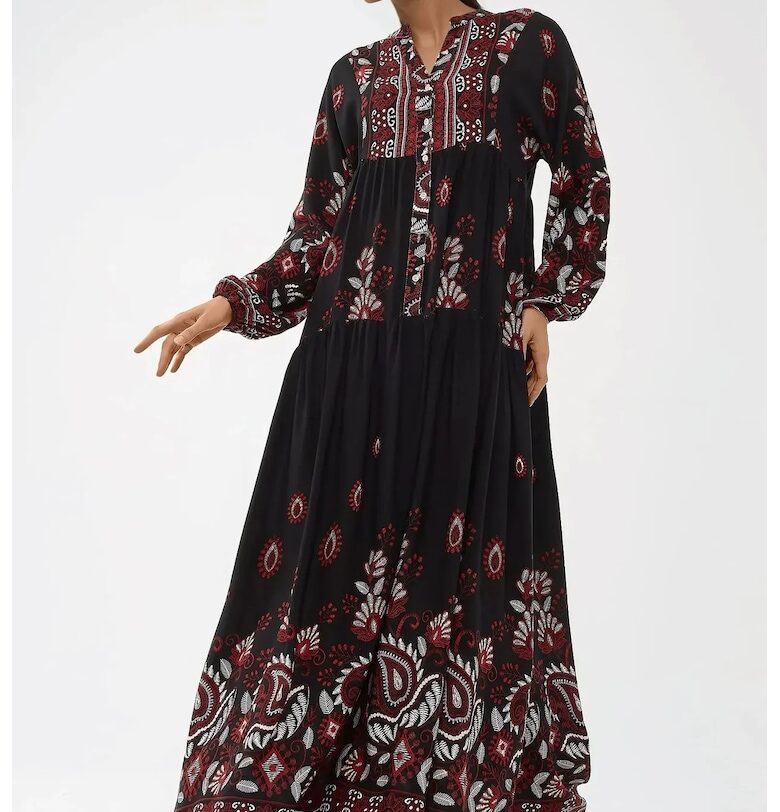 Макси рокля -  дълъг ръкав - щампа - черно/червено - вискоза HiCCUP