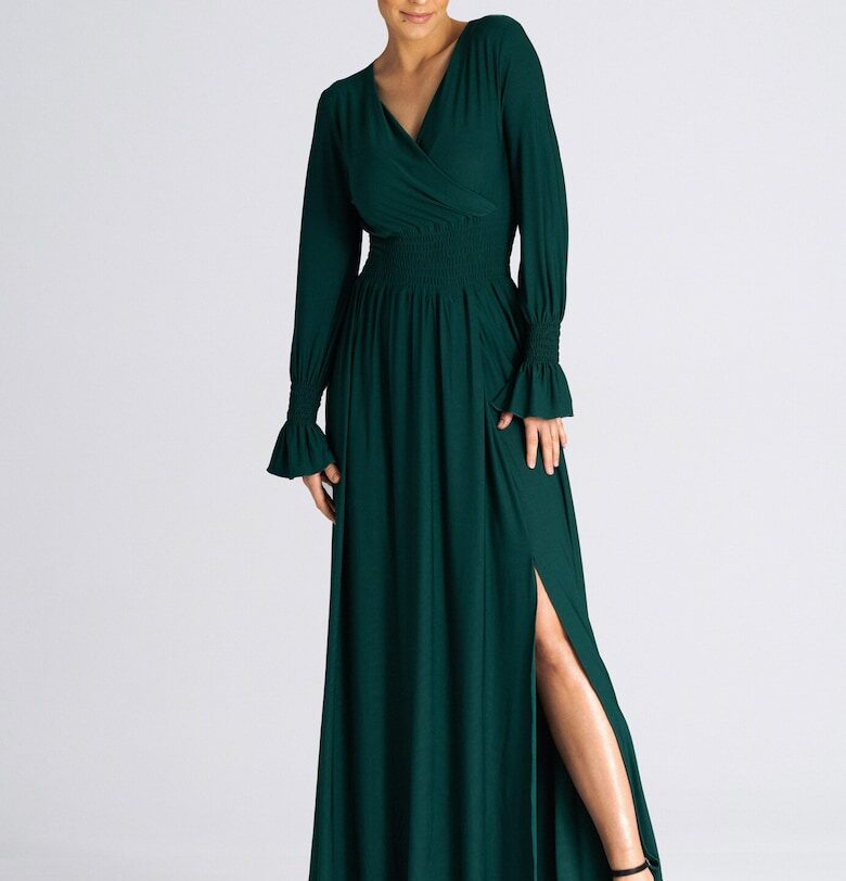 Макси рокля  зелена - V-образно деколте - еластична талия - 95% полиестер - 5% еластан - SM Figl