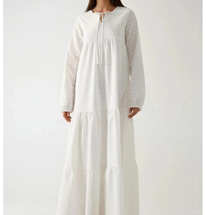 Макси рокля -  кръгло деколте - текстурирана - бяла - текстил HiCCUP