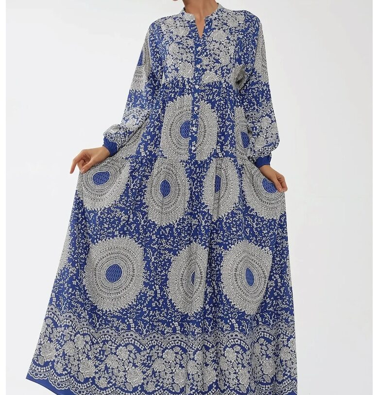 Макси рокля  принт - дълъг ръкав - синя - вискоза HiCCUP