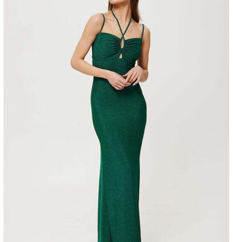 Дамска рокля - метална макси с вратовръзка - полиестер - зелена MOE